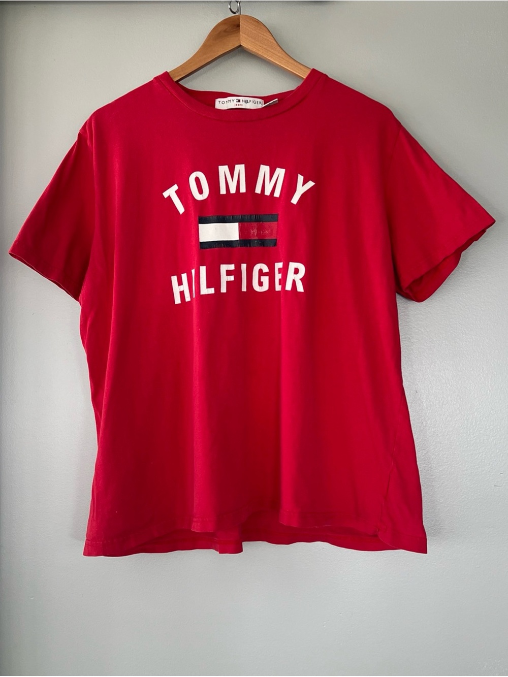 Y2K Vintage Tommy Hilfiger Jeans Women’s 1X Logo Print Red Crewneck T-Shirt